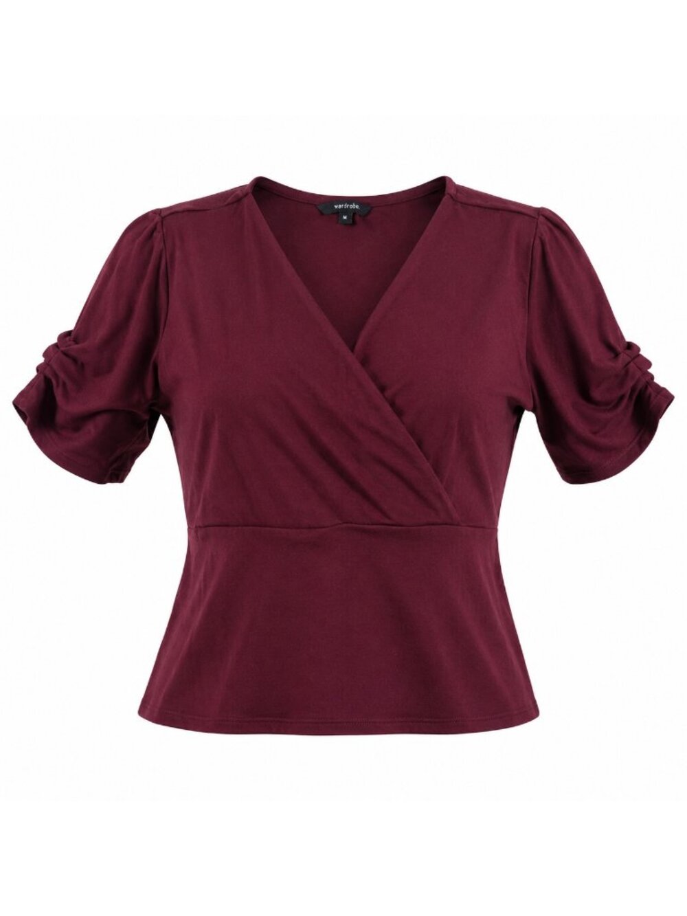 Wardrobe Women’s XL Burgundy Faux Wrap Blouse Ruched Sleeve Stretch V Neck